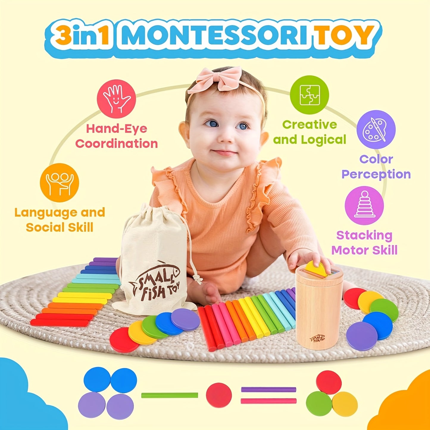 🌈 3-in-1 Wooden Toddler Learning Toy