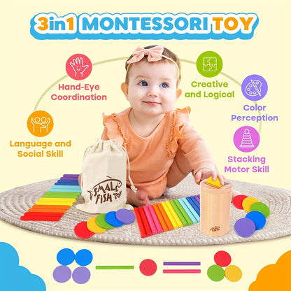 🌈 3-in-1 Wooden Toddler Learning Toy