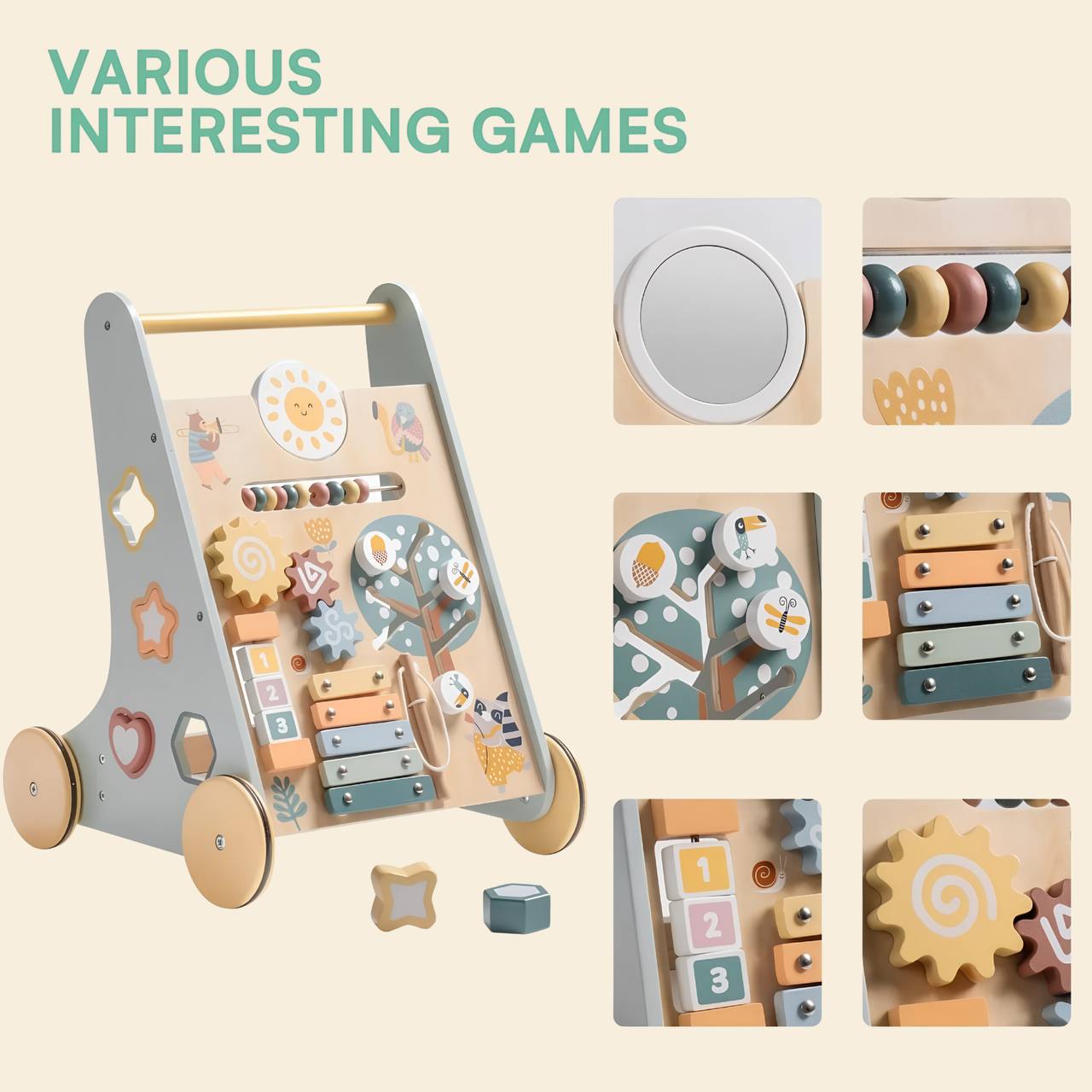🌸 Montessori Wooden Baby Walker Robud with Activity Center & Storage