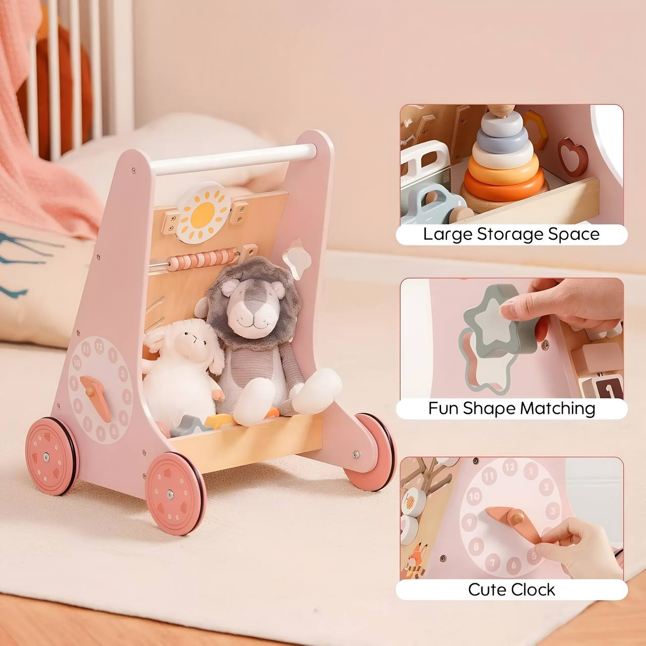 🌸 Montessori Wooden Baby Walker Robud with Activity Center & Storage