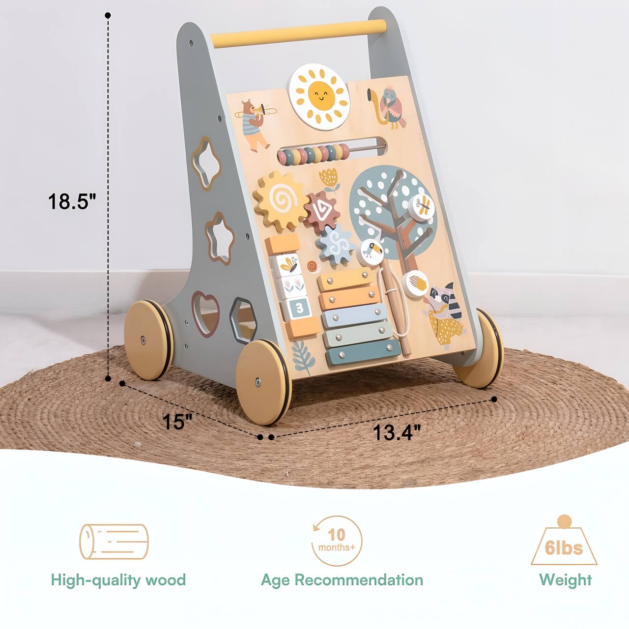 🌸 Montessori Wooden Baby Walker Robud with Activity Center & Storage